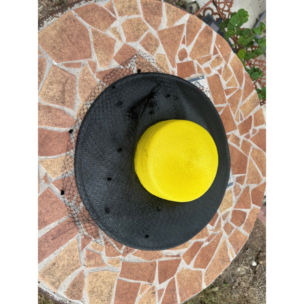 Vintage Sandra New York Wide Brim Straw Hat Black Yellow Birdcage Veil Feather
